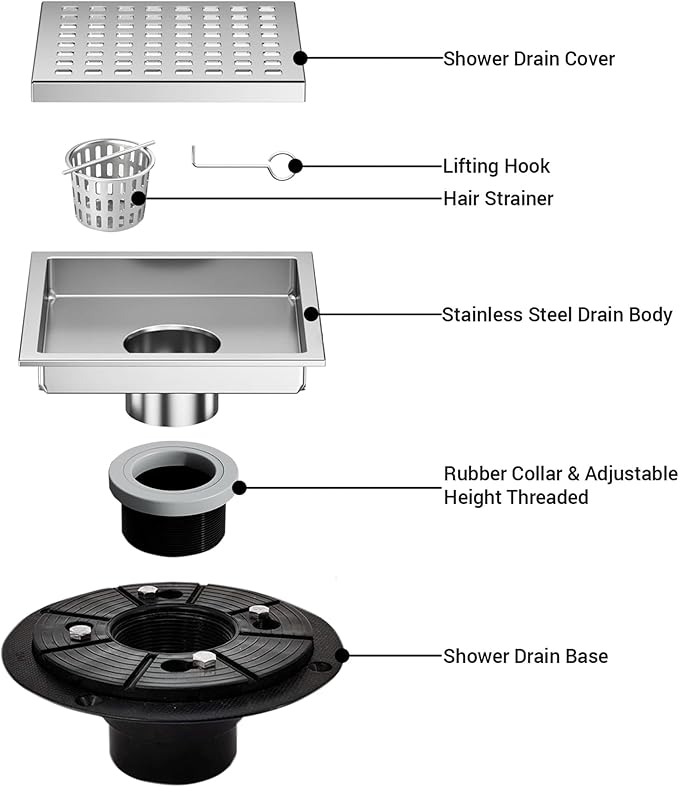 4 Inch Square Shower Floor Drain, Shower Drain Kit with Flange, Square Shower Drain, SUS 304 Stainless Steel Floor Drain,Silver