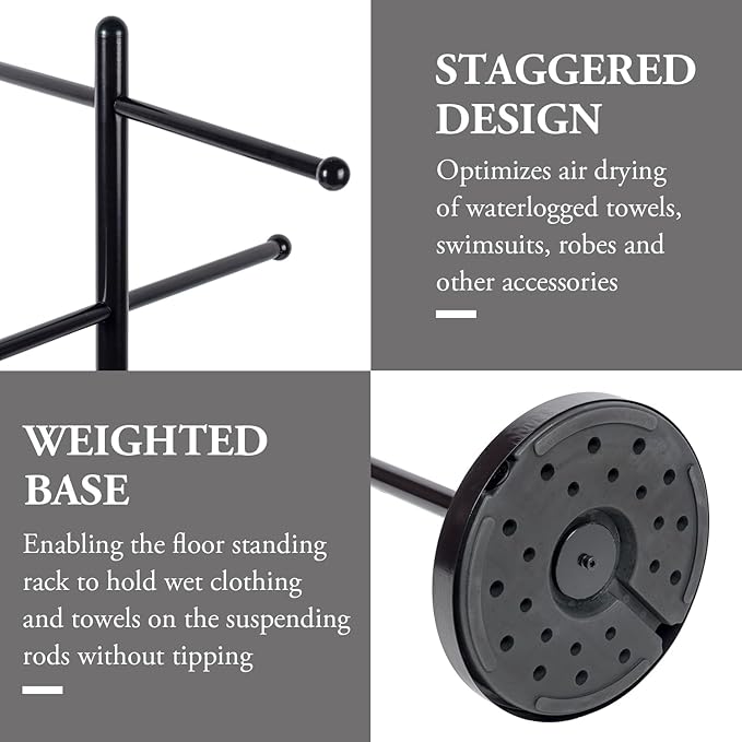 MyGift 6 Bar Free Standing Outdoor Pool Towel Rack, Modern Hot Tub Bathroom Accessories Storage Holder for Bath Towels, SPA & Poolside Towel Stand with Round Weighted Base (Dark Brown)