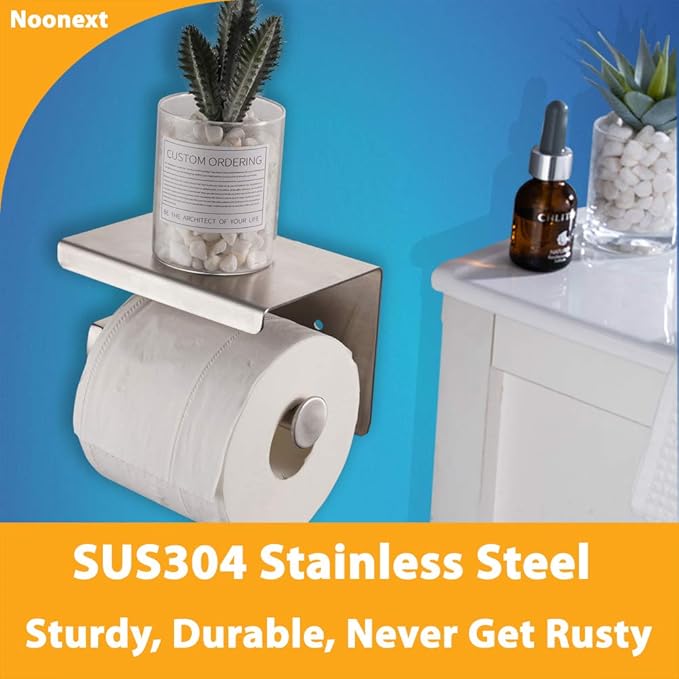 Adhesive Toilet Paper Holder with Shelf, Toilet Paper Roll Holder Wall Mounted, Fits Mega Roll, Stainless Steel Tissue Roll Dispenser Storage No Drilling (Brushed Nickel)