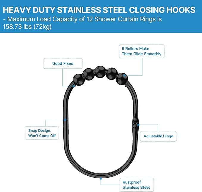 12PCS Wide Shower Curtain Hooks, Rust Proof Stainless Steel Shower Curtain Rings, Heavy Duty Shower Hooks for Shower Curtain Bathroom Curtain Hooks, Easy Glide Rollers, Set of 12, Black