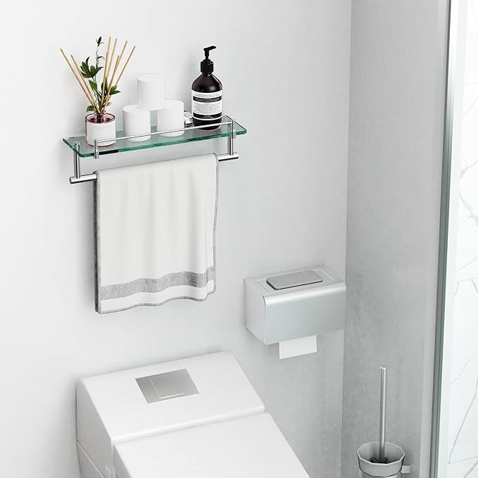 16-Inch Floating Tempered Glass Bathroom Shelf with Towel Bar - Chrome Polished & Stainless Steel, Wall Mount