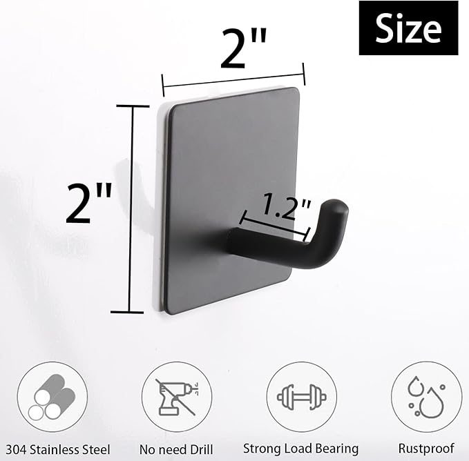 Bath Towel Hooks - 6 Pack Strong Self Adhesive Coat/Clothes Hooks, No Drilling Sticky Hooks, Heavy Duty 304 Stainless Steel Shower Wall Hook for Bathroom Kitchen Bedroom(Matte Black)