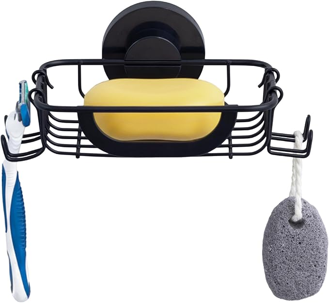 Soap Dish Bar Soap Holder Suction Cup with 4 Hooks, Stainless Steel Soap Saver Tray for Shower Wall, Bathroom, Kitchen, Rustproof Drill-Free Soap Bar Holder, Black