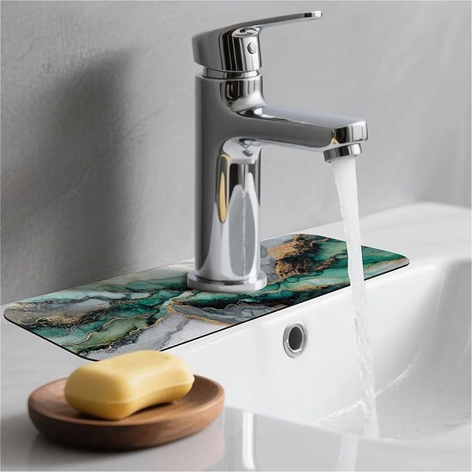 Kitchen Sink Splash Guard，Jade green white marble Faucet Mat Sink Gadgets-Super Absorbent Fast Drying Mat Drip Catcher for Kitchen, Bathroom,Sink Mat, Dish Drying Mat, Bathroom(15" X 5.5" )
