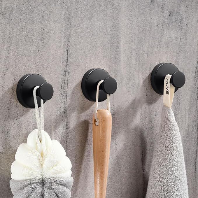 Towel Hook Shower Suction Hooks Towel Hanger for Bathroom Hanging Coat, Robe, Removable Wall Mounted Hook for Bedroom Kitchen Hotel Pool Matte Black(4-Pack)