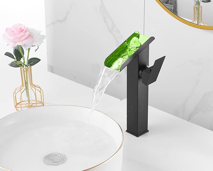 Bathroom Vessel LED Faucet 3 Color Changing Light Waterfall Single Handle One Hole Bowl Sink Faucet Vanity Lavatory Deck Mount Mixer Tap Tall Body Modern Restroom 1 Hole Supply Lines