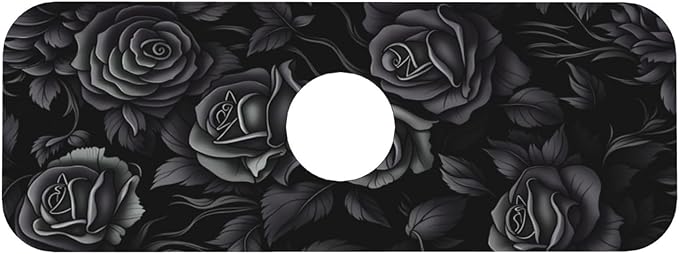 Black Rose Floral 15" X 5.5" Kitchen Sink Splash Guard, Faucet Guard Draining Mat, Faucet Suction Pad For Kitchen Bathroom