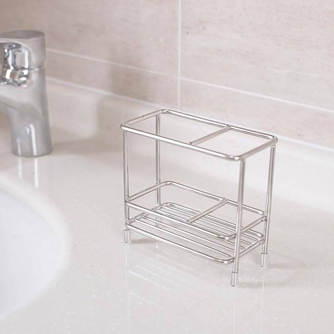 T.R.Sani. Electric Toothbrush Holders for Bathrooms, Toothbrush and Toothpaste Holder for Countertop, Bathroom Accessories for Razor, Comb's Storage-Two Slots, Stainless Steel, Silver