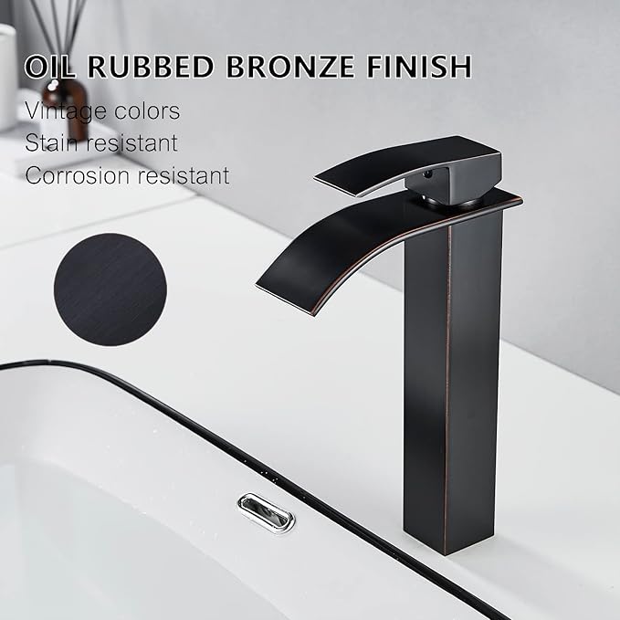 VOTON Vessel Sink Faucet Oil Rubbed Bronze Modern Tall Waterfall Bathroom Sink Faucet with Pop-Up Drain Single Handle Bathroom Faucet 1 Hole Bowl Lavatory Vanity Faucet Rv Sink Camper Farmhouse Faucet