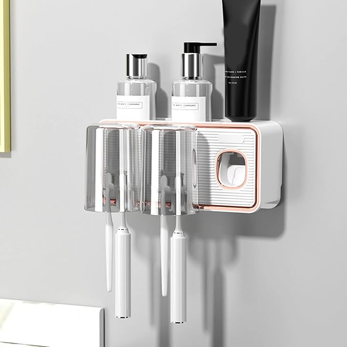 Toothbrush Holder with Toothpaste Dispenser, Wall Mounted Tooth Brush Organizer with 2 Brush Slots, Self Adhesive Toothbrush Holder for Shower (White)