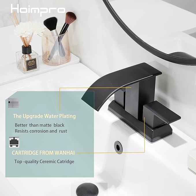 Hoimpro 3 Holes 4 Inch Bathroom Faucet,4" Centerset Vanity Waterfall Bathroom Sink Faucet 2 Hole Two Handles cUPC Supply Hoses Pop Up Drain Matte Black