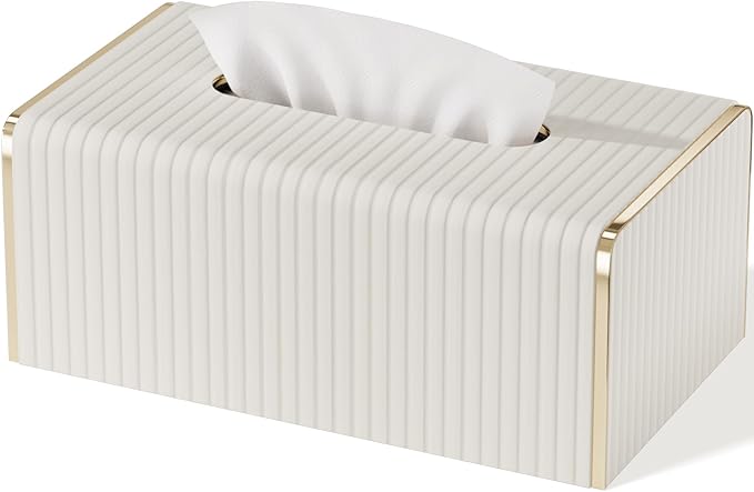 Tissue Box Cover,White Rectangle Leather Tissue Box Holder with Gold-Tone Edging Decoration,Decorative Tissue Cover for Bathroom Toilet Bedroom Living Room Table Desk Office (White, Rectangle)