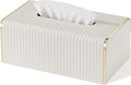 Tissue Box Cover,White Rectangle Leather Tissue Box Holder with Gold-Tone Edging Decoration,Decorative Tissue Cover for Bathroom Toilet Bedroom Living Room Table Desk Office (White, Rectangle)