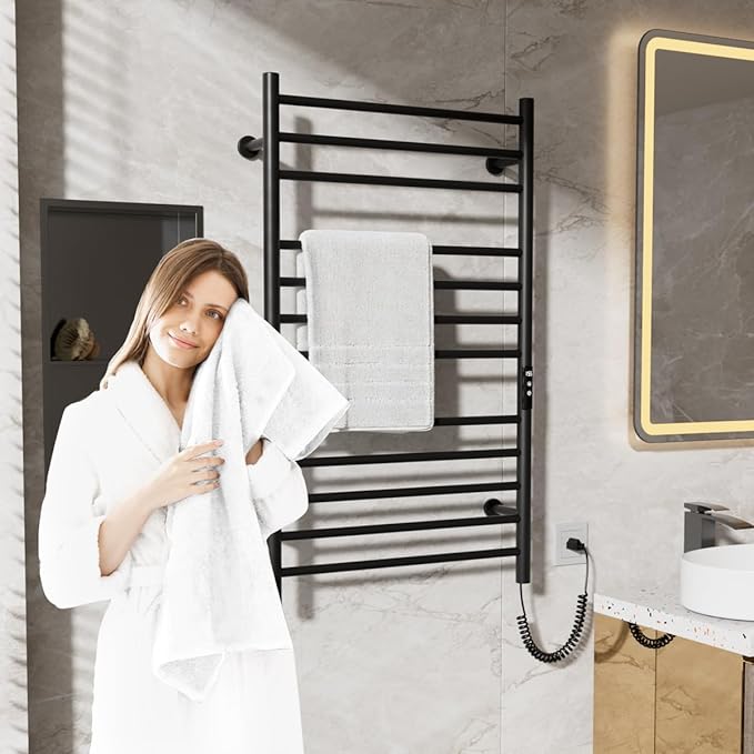 MENATT 12 Bars Heated Towel Warmer Racks Wall Mounted, Electric Heated Towel Rack for Bathroom,Towel Warmer Rack with Built-in Timer,Adjustable Temperature,Matte Black