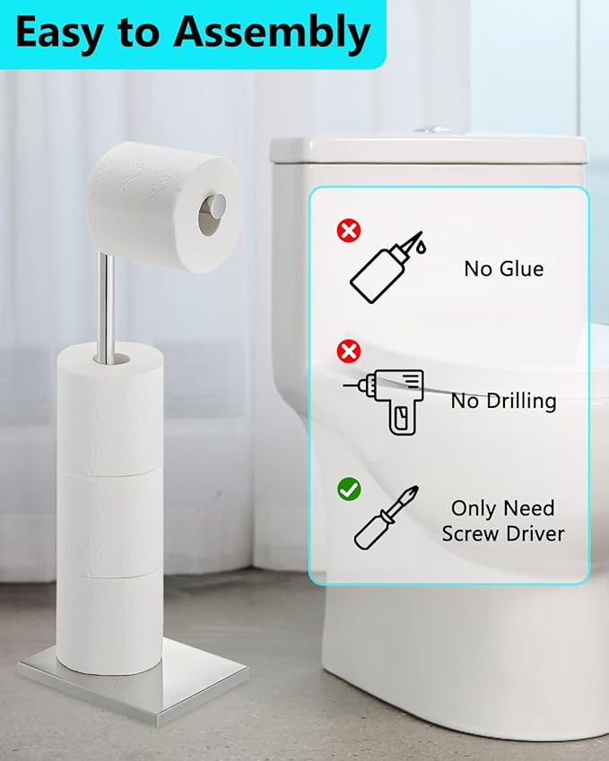 Toilet Paper Holder Stand, Free Standing Toilet Paper Holder with 4 Rolls for Bathroom, Weighted Base Toilet Paper Stand, Chrome