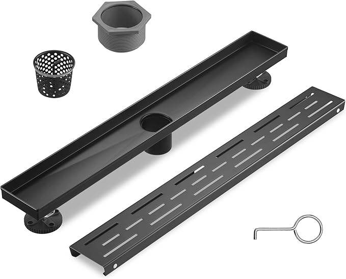 Sharp-tec Linear Shower Drain, 32 inch Shower Drain with Removable Pattern Cover, Matte Black 304 Stainless Steel Rectangle Floor Drain, Adjustable Feet and Hair Strainer Included (Model 101)