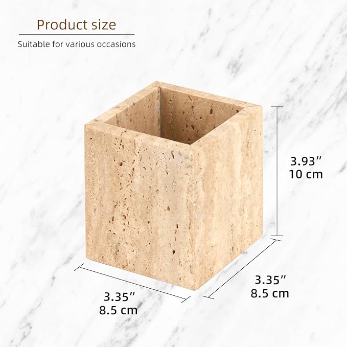 Natural Marble Toothbrush Holder for Bathroom Countertop (8.5x8.5x10cm) - Multifunctional Organizer for Makeup Brushes, Vanity Accessories & Utensils Sink (1, Travertine)