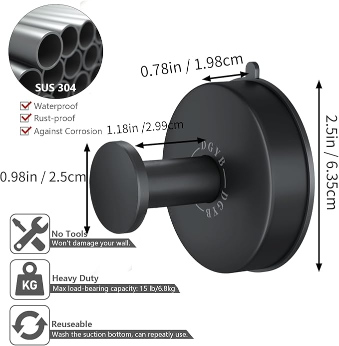 DGYB Suction Cup Hooks for Shower Set of 2 Removable Stainless Steel Towel Hook for Bathroom Glass Window Door Wall and Suction Wreath Hook for Hanging Robe, Loofah, Coat - Black