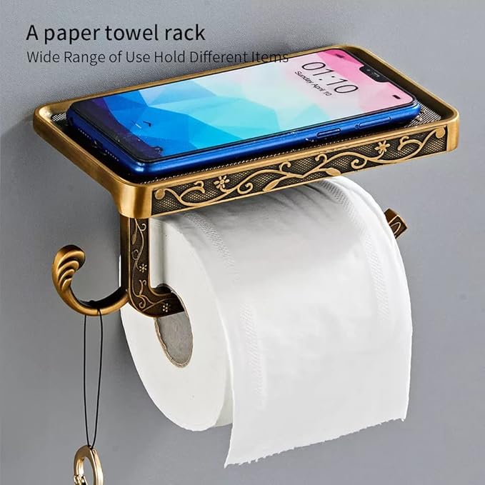 Vintage Carved Floral Toilet Paper Holder with Shelf - Antique Brass Finish Aluminum Bathroom Organizer, Wall Mounted Decorative Roll Holder for Bathroom/Vanity (7.24" Phone Shelf)