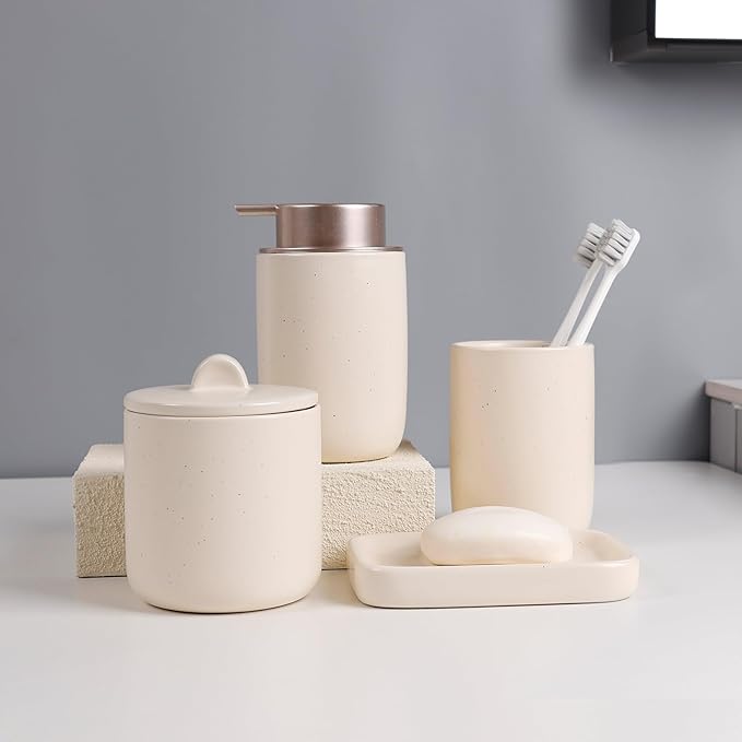 BosilunLife Ceramic Bathroom Accessories Sets Complete Bathroom soap Dispenser and Toothbrush Holder Set (Apricot-Liquid)