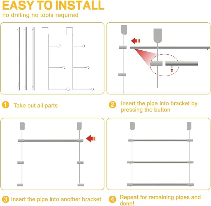 Over The Door Towel Rack, 3 Tier Stainless Steel Bathroom Towel Holder, Heavy Duty Space Saving Organizer No Drill Towel Rack for Bathroom, Bedroom, Kitchen, Dorm, RV