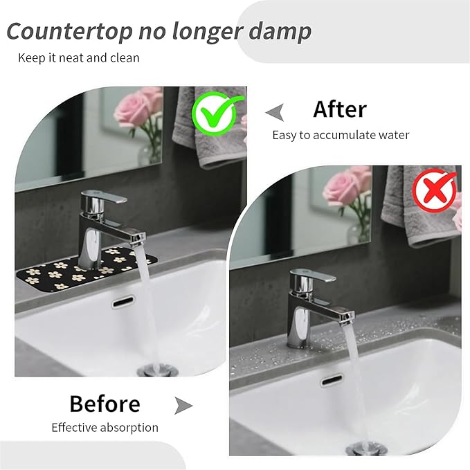 Kitchen Sink Splash Guard，Cream flowers Faucet Mat Sink Gadgets-Super Absorbent Fast Drying Mat Drip Catcher for Kitchen, Bathroom,Sink Mat, Dish Drying Mat, Bathroom(15" X 5.5" )