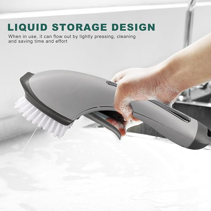 Soap Dispensing Dish Brush, Kitchen Scrub Brush with Soap Dispenser Fillable Long Grips Brush for Pans Pots Sink and Bathtub Washing, Green/Gray(Gray)