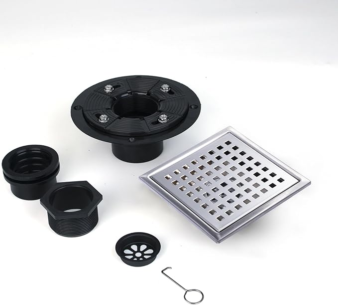 SaniteModar Shower Drain, 6 inch Shower Floor Square Drain with Flange, Removeable Grid Panel SUS 304 Stainless Steel Square Shower Drain, Silver