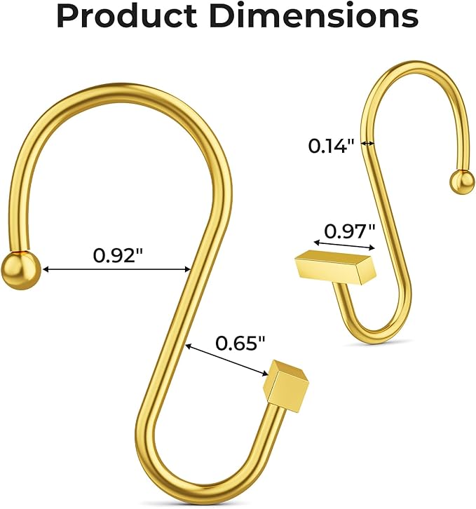 Muted Gold Shower Curtain Hooks, Bathway Shower Curtain Rings Rust Proof, 12PCS Shower Hooks for Shower Curtain, T-Bar Design Convenient Elegant Shower Curtain Hangers for Bathroom Kitchen Wardrobe