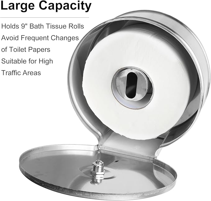 Toilet Paper Dispenser, Stainless Steel Wall Mount Toilet Paper Dispenser Holder Fits Any 9" Tissue Rolls Bath Tissue Holder Offices Homes Mounts Quickly 2 Keys & Lock, Comes with Papers