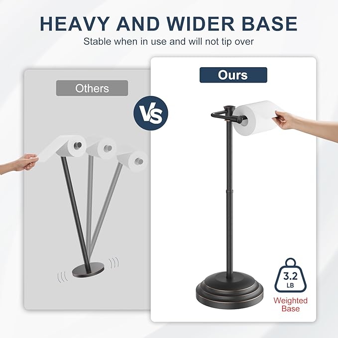 Bathroom Toilet Paper Holder Stand, Oil Rubbed Bronze Toilet Paper Holder Free Standing, Stainless Steel Pivoting Toilet Tissue Roll Holder，Adjustable Height (14 to 24 Inch) Paper Holder