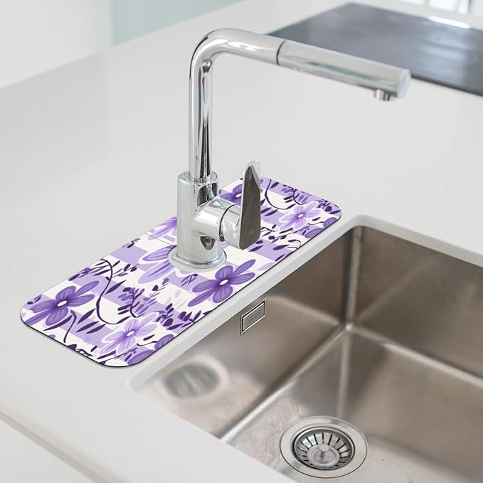 Purple Floral Stripe Kitchen Faucet Mat Splash Guard, 15.4”x5.7” Absorbent Quick Drying Sink Mat for Countertop Protection, Draining Mat Sink Protectors For Kitchen Bathroom, 2 Pack