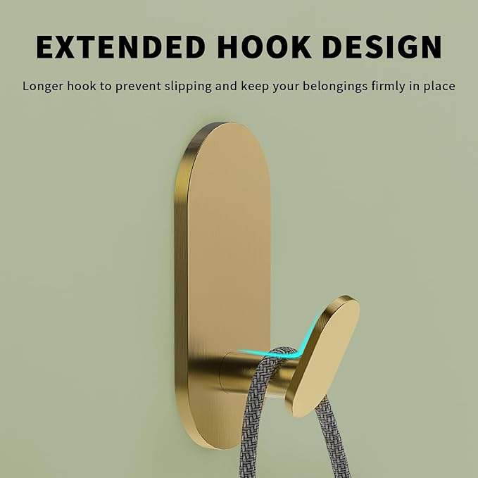 Adhesive Towel Hooks for Bathrooms 2 Pack Brushed Gold Stainless Steel and Zinc Alloy Sticky Wall Hooks for Hanging Heavy Duty Self Adhesive Robe Shower Hanger for Kitchen, Closet, Cabinet, Door