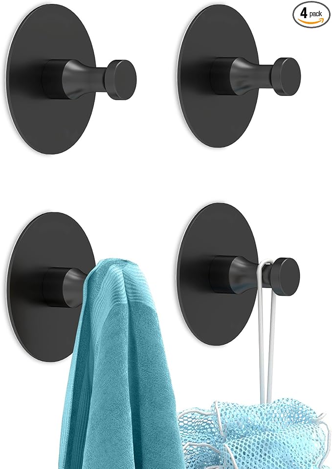 Adhesive Hooks for Walls No Damage 4 PCS, Heavy Duty Aluminum Strong Adhesive Towel Hooks for Bathrooms for Inside Shower for Hanging Loofah, Clothes, Robes