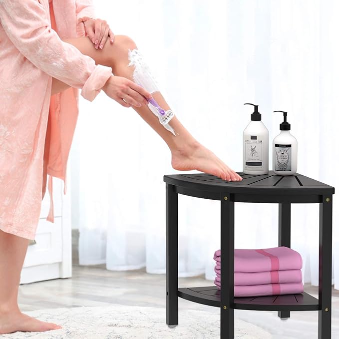 Zhuoyue Bamboo Corner Shower Stool Bench Waterproof with Storage Shelf, for Shaving Legs or Seat in Bathroom & Inside Shower