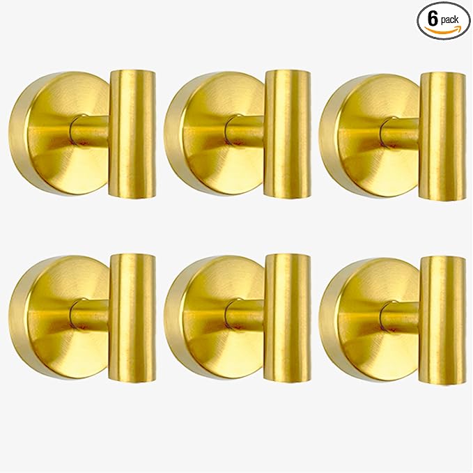 6 PCS Suction Cup Shower Towel Hooks, Wall Mount Robe Holder, Heavy Duty No Drill Wall SUS304 Waterproof Stainless Steel Hooks for Bedroom, Bathroom, Kitchen, Hotel and Office (Brushed Golden)