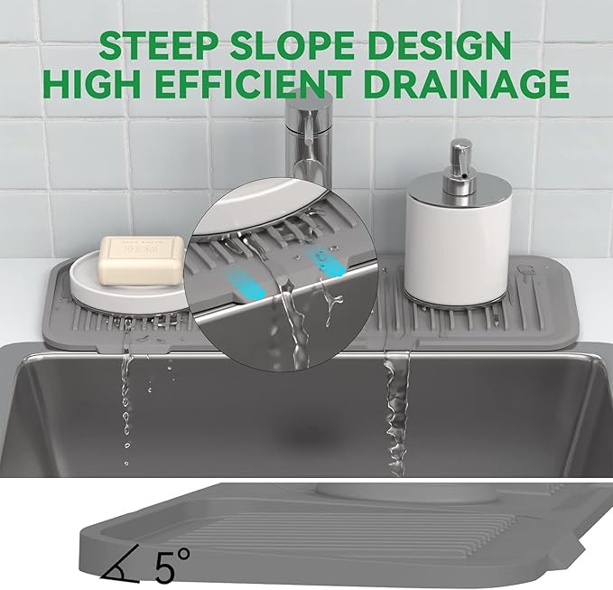 2 Pack Silicone Faucet Mat – Extra Wide 40x12cm Splash Guard | Keeps Counters Dry, Easy-Clean Drip Catcher for Kitchen & Bathroom, Fits 3.5–6cm Faucets (Grey)