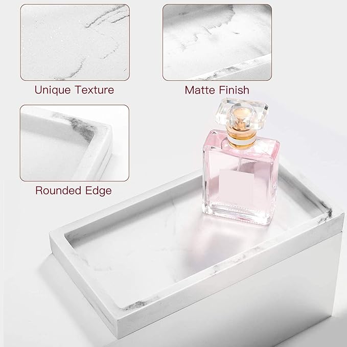 Marble Pattern Tray - Decorative Resin Vanity Tray Organizer for Bathroom, Kitchen, Coffee Table, 8-Inch White, Holds Perfume, Candles, Jewelry, Diffuser & Makeup