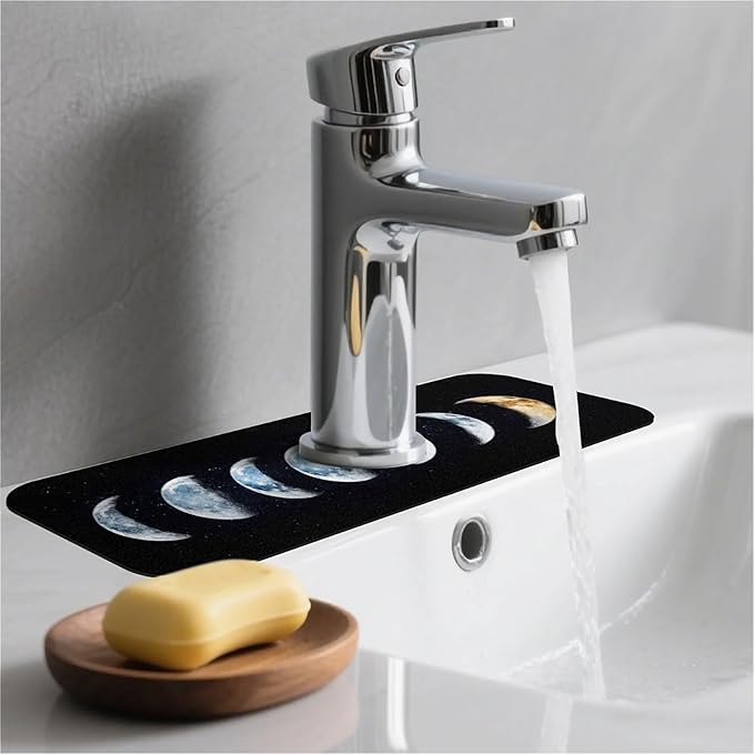 Kitchen Sink Splash Guard，phase of the moon Faucet Mat Sink Gadgets-Super Absorbent Fast Drying Mat Drip Catcher for Kitchen, Bathroom,Sink Mat, Dish Drying Mat, Bathroom(15" X 5.5" )
