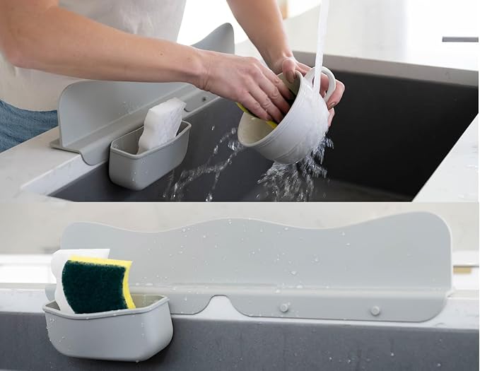Silicone Sink Splash Guard with Sponge Holder -19.5" x 4.5" x 2.5", Sink Silicone Splash Guard - Strong Suction - Sink Edge Protectors for Kitchen Sink - Farmhouse Kitchen Sink Splash Guard - Gray