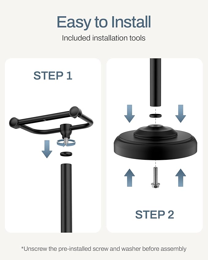 Freestanding Toilet Paper Holder Stand - Rustproof 304 Stainless Steel with Heavy Duty Weighted Base (4.8lbs), 22" Height Pivot Arm Tissue Roll Dispenser, Fits Mega Rolls - Matte Black