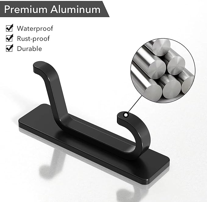 Quik D Heavy Duty Adhesive Wall Hooks for Hanging (4 Pack) — Waterproof & Rustproof Double Hooks, No Drilling Stick On Hooks for Bathroom, Kitchen, Door, Coat, Towel, Keys & Robes (6)