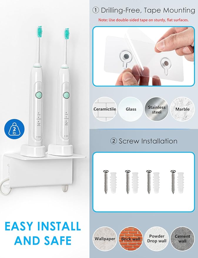 OAPRIRE Electric Toothbrush Holder Wall Mounted, 2 Pack Acrylic Electric Toothbrush Holder for Bathroom Come with Cable Organizer, Saving Space and Convenient Charging - White