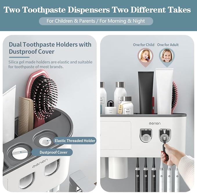 Toothbrush Holders Wall Mounted, Toothbrush Holder with Automatic Toothpaste Dispensers, 6 Brush Slots, 2 Magnetic Cups,1 Cosmetic Drawer Organizer and 1 Large Storage Tray