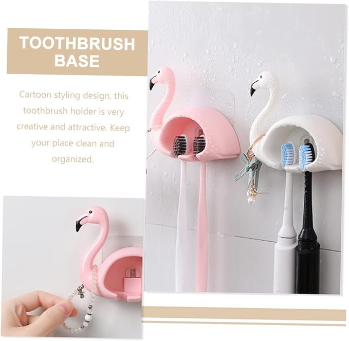 Unomor 2pcs Flamingo Toothbrush Holder Wall Mounted Electric Brush Organizer Punch Installation Cute Cartoon Design for Bathroom Storage and Family Use