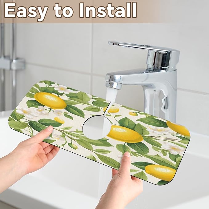 Lemon Blossom Pattern Kitchen Faucet Mat Splash Guard, 15.4”x5.7” Absorbent Quick Drying Sink Mat for Countertop Protection, Draining Mat Sink Protectors For Kitchen Bathroom, 2 Pack