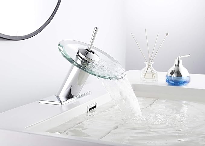 Bathroom Faucet Chrome Waterfall Glass Spout Single Handle One Hole Bath Sink Faucet Vanity Lavatory Basin Mixer Tap with Cover Plate Deck Mount Commercial