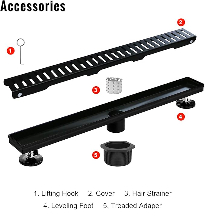 SaniteModar Linear Shower Drain, 36 inch Black Shower Drain with Removable Capsule Pattern Grate,304 Stainless Steel Shower Drain Include Hair Strainer,Adjustable Leveling Feet