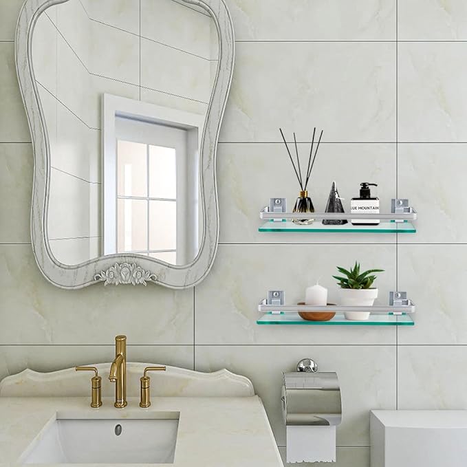 2-Pack Tempered Glass Bathroom Shelf with Rail, 15" x 4.5" Rectangular Shower Caddy, Wall Mounted Floating Shampoo Holder for Lavatory, Kitchen, Living Room