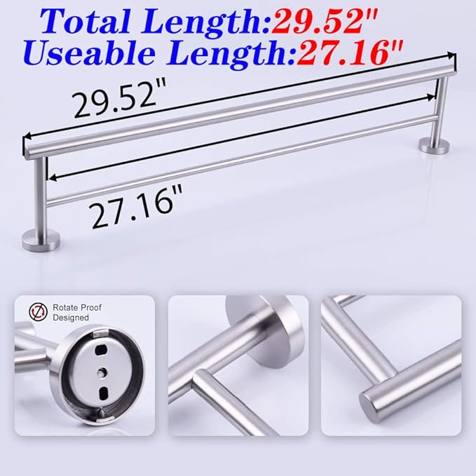 GERZWY Bathroom Double Towel Bar Stainless Steel 30-Inch Bath Towel Bar Modern Style Wall Mount Brushed Finish AG1102C75-LS